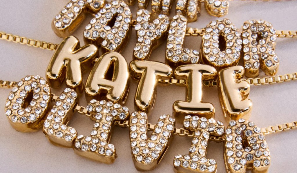 Gold bubble necklaces with small diamonds and different women's names