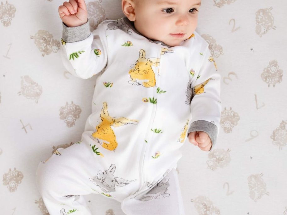 Baby wearing Burt's Bees Bunny Trail Organic Cotton Loose-Fit Footed Sleep & Play