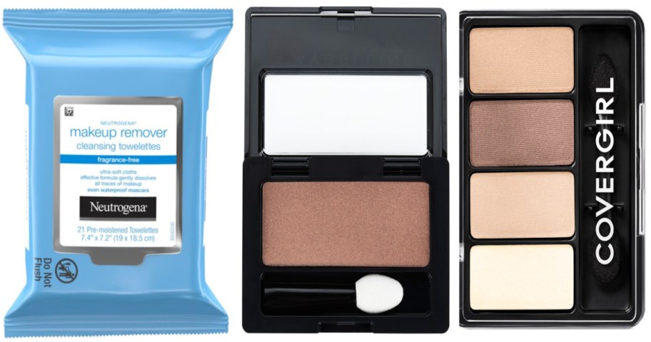 makeup remover wipes and two eyeshadow palettes