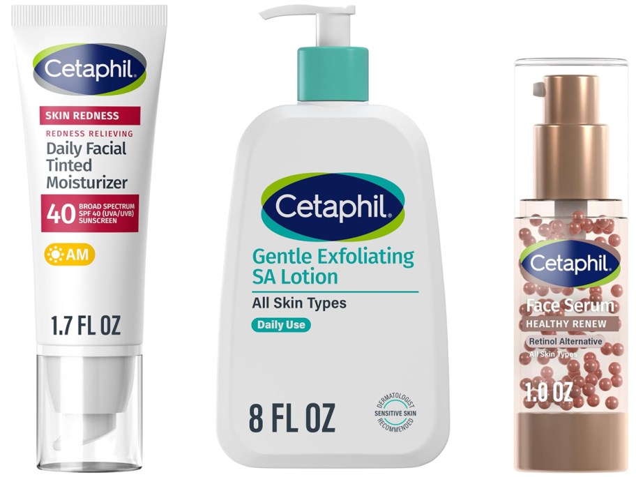 Cetaphil Redness Relieving Neutral Tint Facial Moisturizer, Gentle Exfoliating SA Lotion, and Face Serum