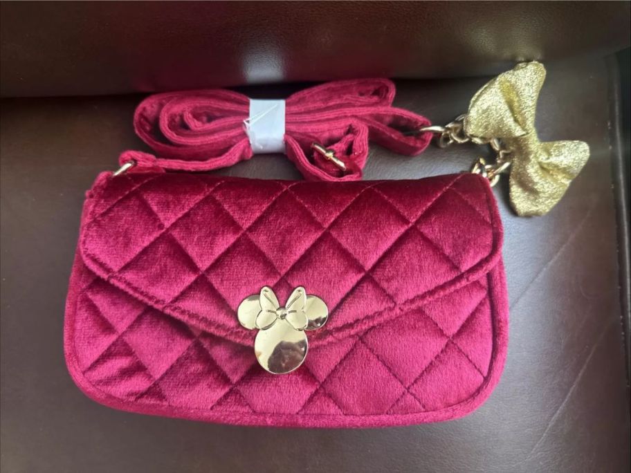 Disney's Minnie Mouse Velvet Quilted Crossbody Bag in Red