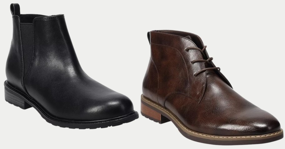 a single women's chelsea style boot in black and a single men's chukka style boot in dark brown