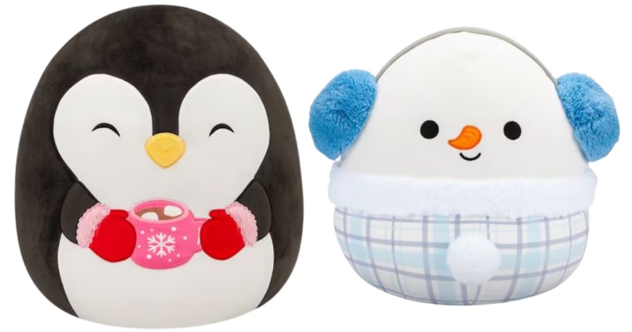 Penguin holding a gift and snowman with earmuffs Squishmallows
