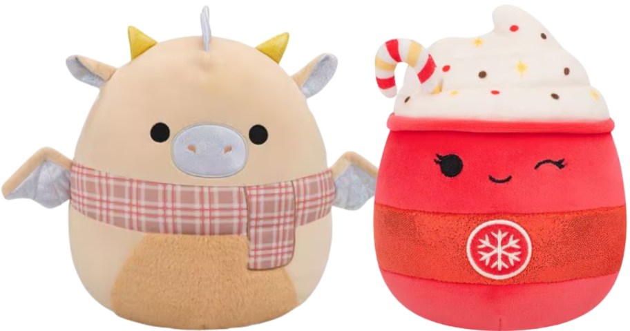 a dragon w/ a scarf Squishmallow and a Peppermint Latte Squishmallow