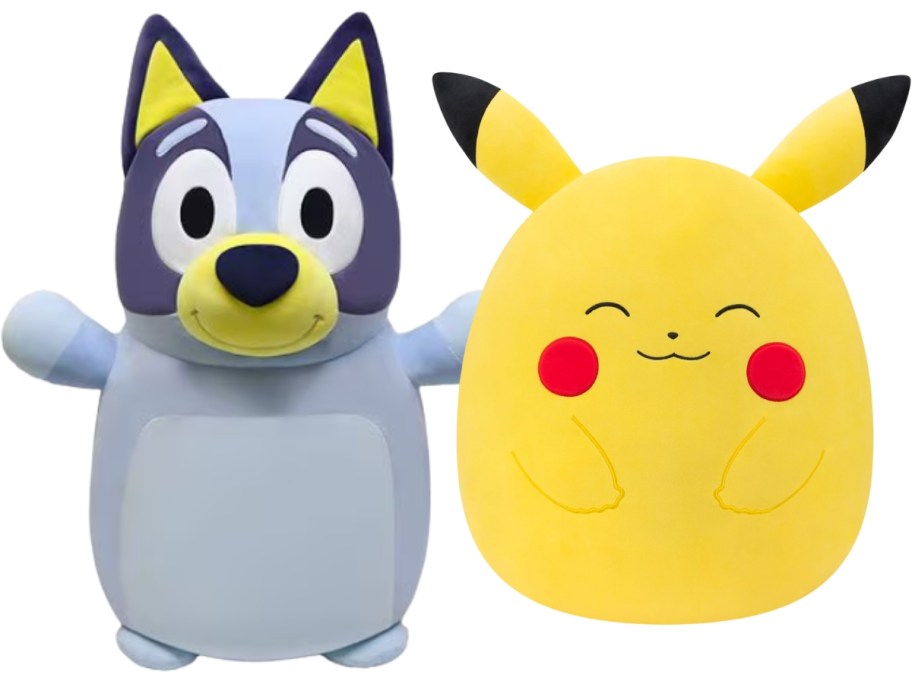 a large Bluey and a large Pikachu Squishmallows