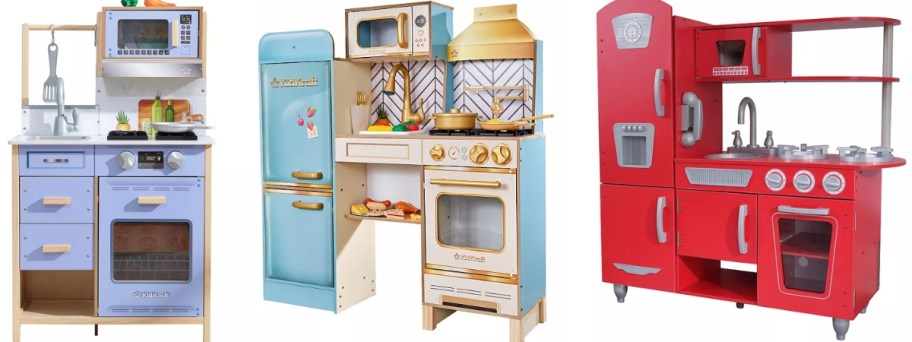 3 wooden kitchen playsets in different styles and colors