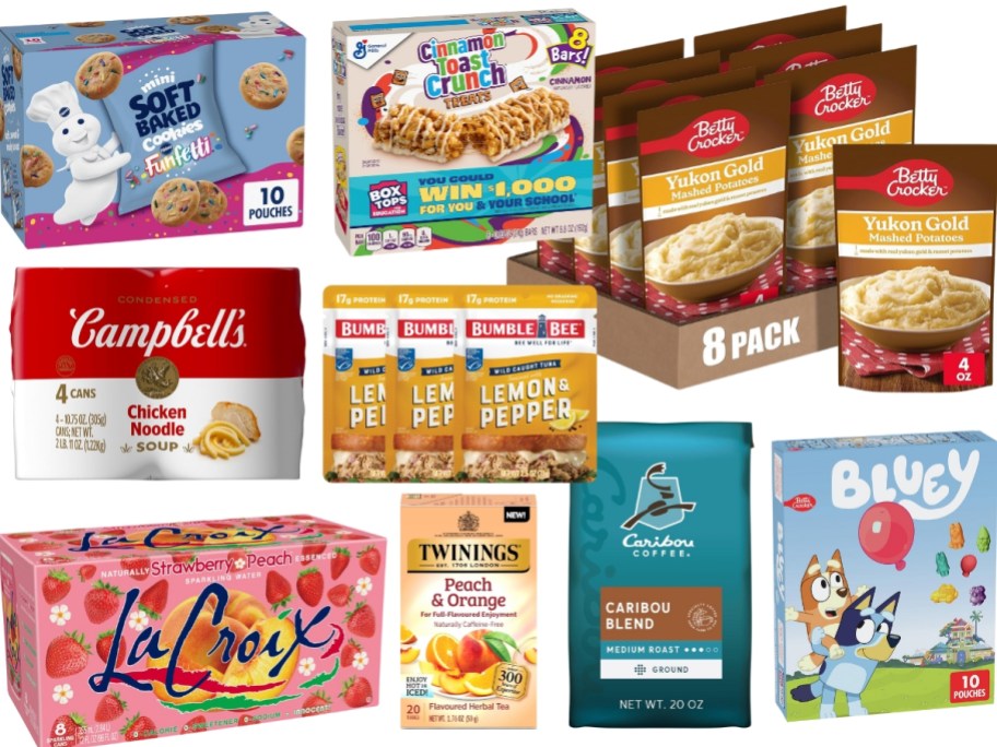 collage of grocery items including Pillsbury cookies, Campbell's soup, Betty Crocker Instant Potatoes, LaCroix water, Caribou Coffee and more