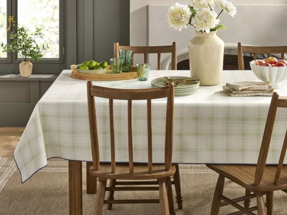 Hearth & Hand w/ Magnolia 84" x 60" Plaid Fabric Tablecloth on dining room table 