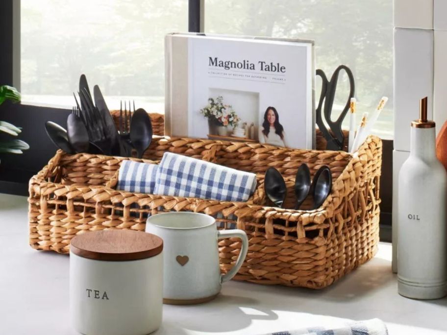 Hearth & Hand w/ Magnolia Woven Multipurpose Compartment Caddy filled with silverware on table