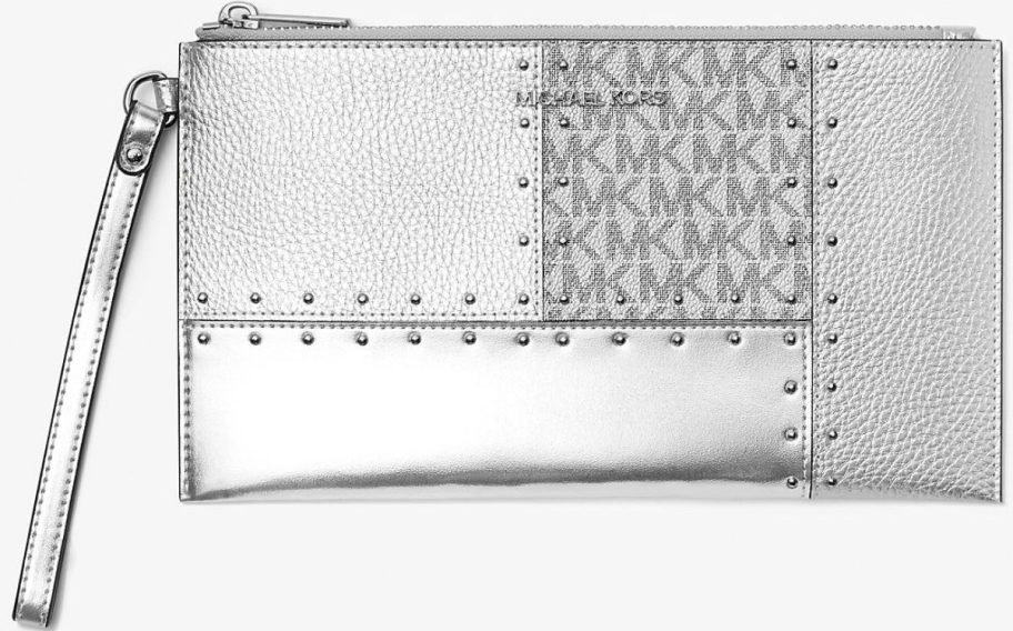 small silver patchwork wristlet
