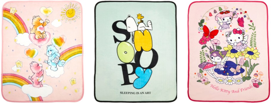 care bears, snoopy, and hello kitty throw blankets