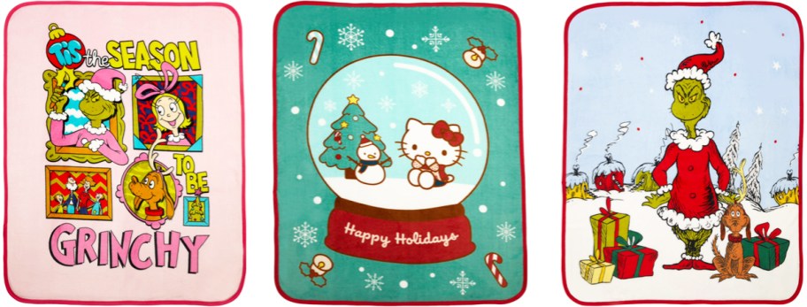 grinch and hello kitty throw blankets in a row