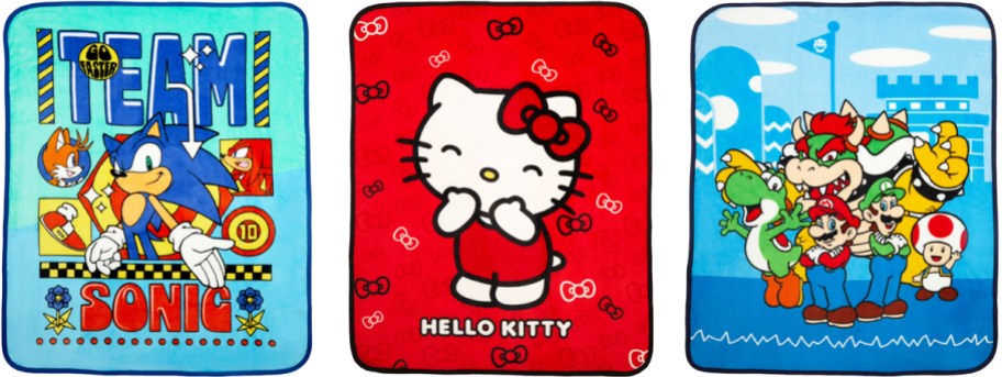 sonic, hello kitty, and super mario print throw blankets