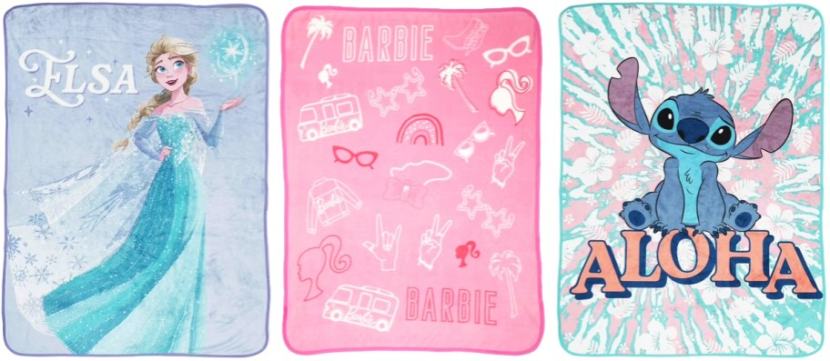 elsa, barbie, and stitch throw blankets