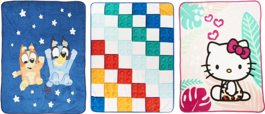 bluey, lego, and hello kitty print throw blankets