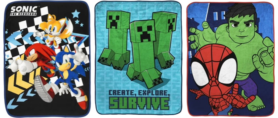 sonic, minecraft, and spider-man throw blankets