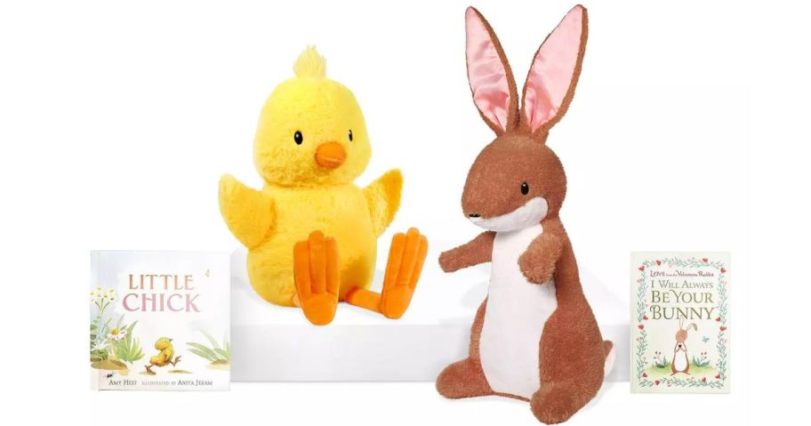 A plush chick and a bunny and a book about them