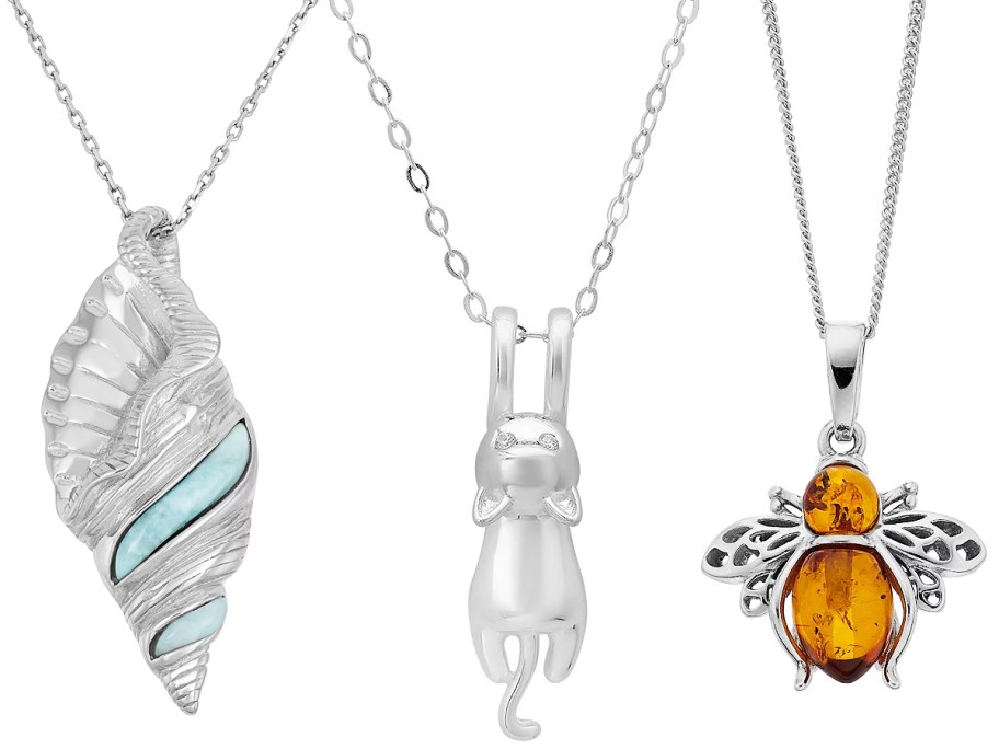 Larimar Sterling Silver Conch Shell Pendant, Queen Jewels Sterling Silver Cubic Zirconia Dangling Kitty Cat Pendant, Sterling Silver Amber Bee Pendant Necklaces