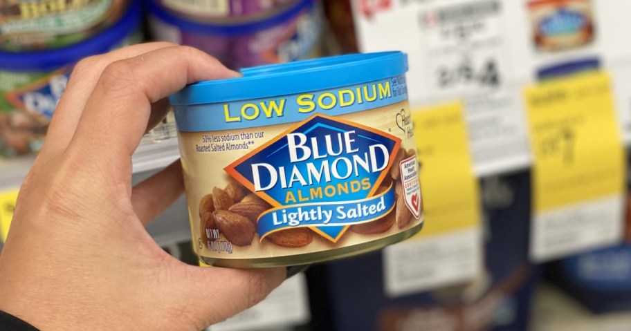 low sodium lightly salted blue diamond almond can in store