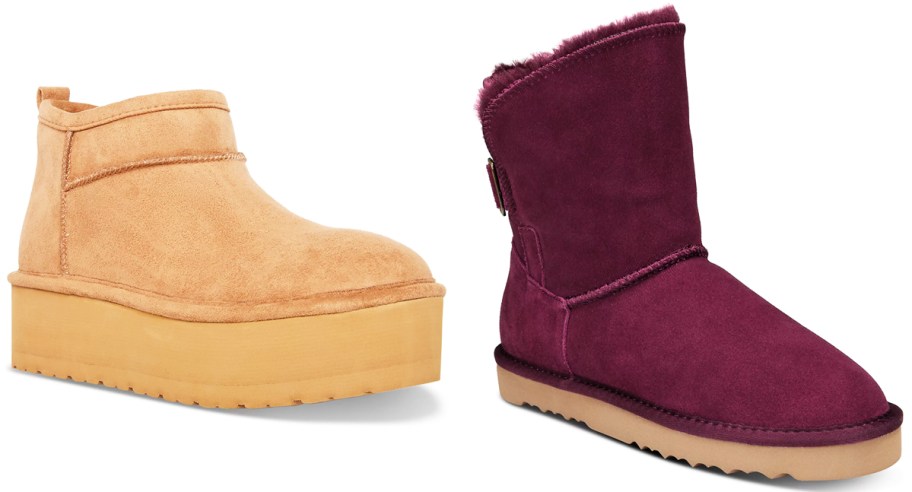 tan and maroon faux fur boots