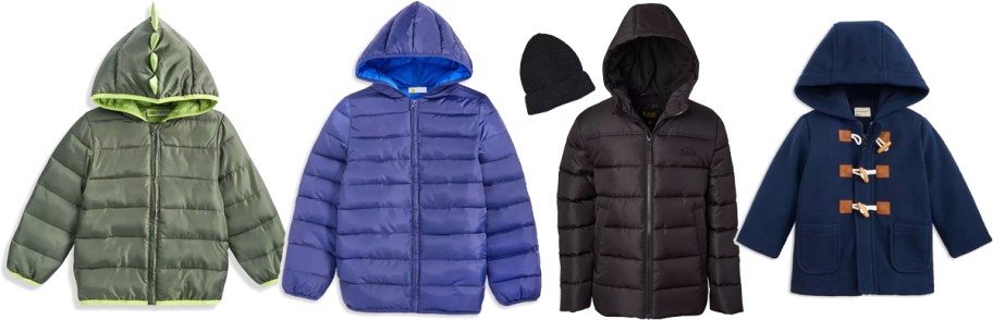 green, blue, and black jackets in a row