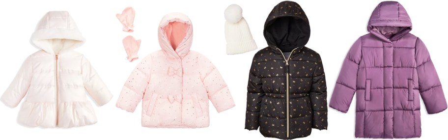 white, pink, black, and purple puffer jackets