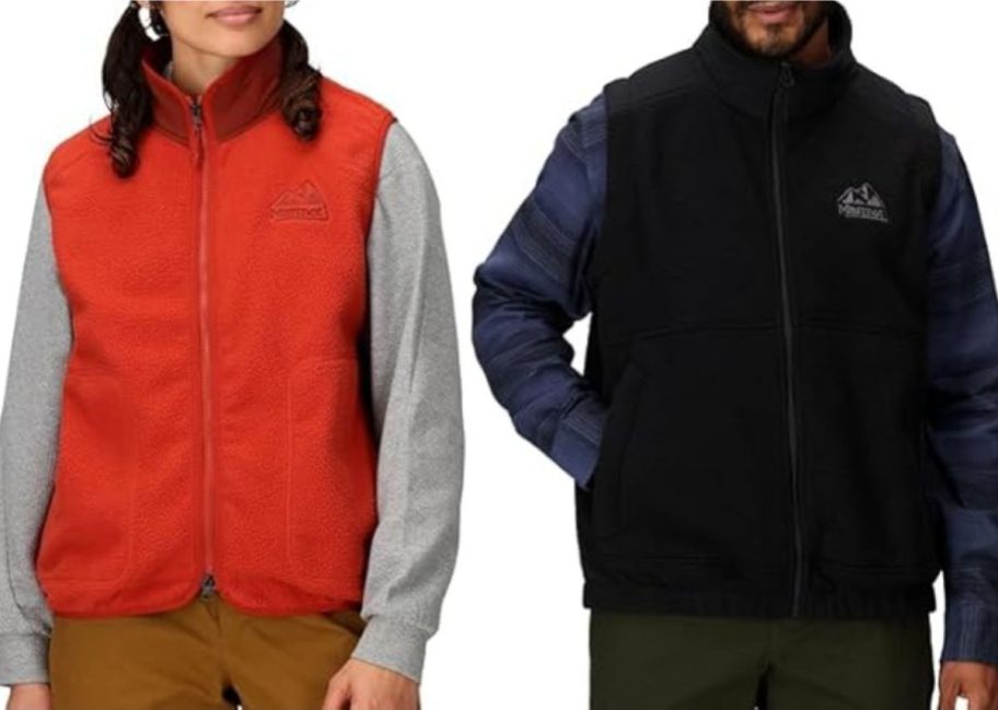 Stock images of a woman and a man wearing marmot Vests