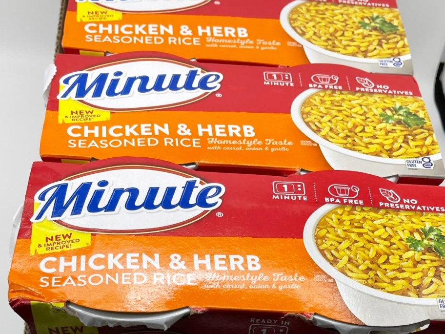 red and orange packs of Minute Chicken & Herb Rice Cups