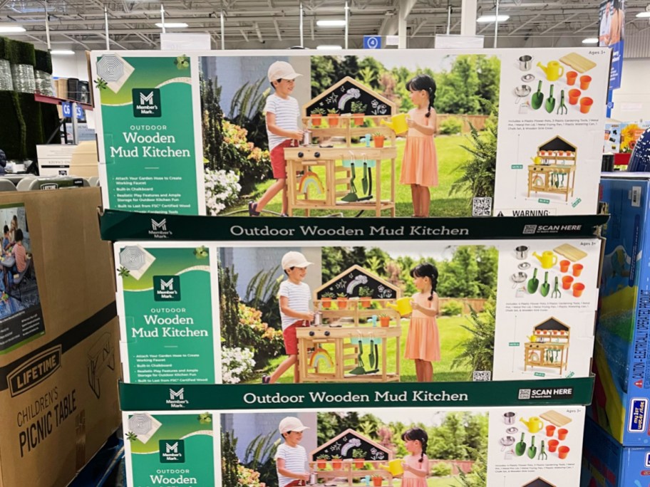 Boxes of kids, mud kitchen inside Sam's Club