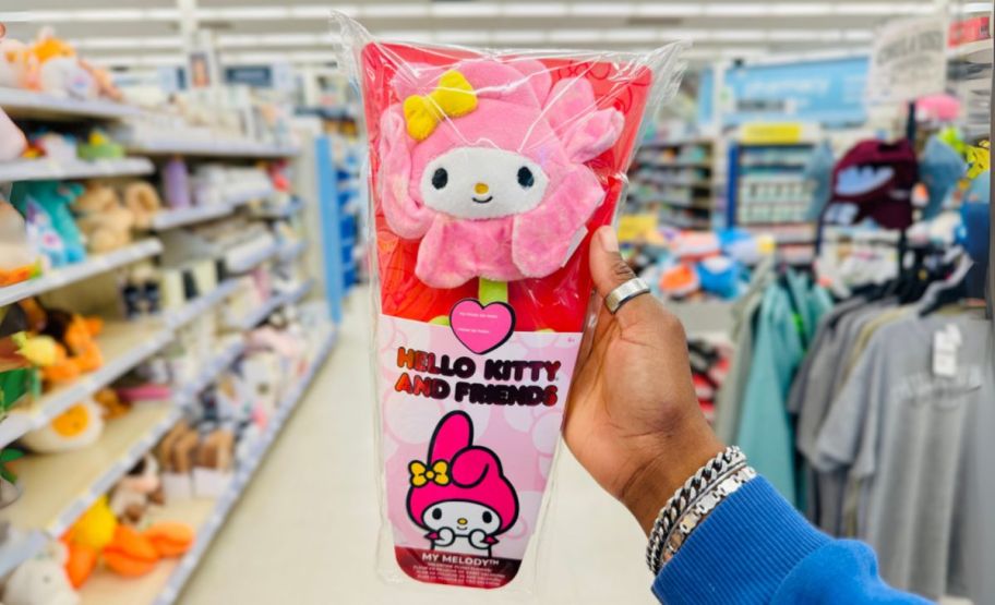 a womans hand holding a packaged my melody plush flower in a store