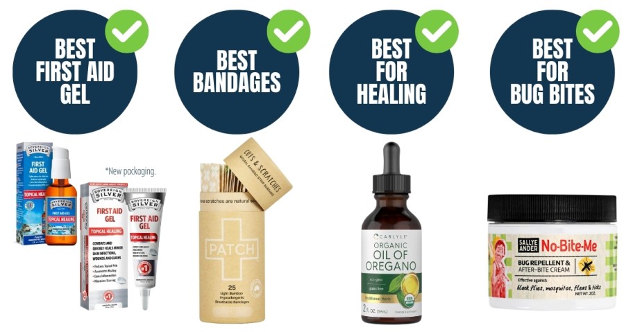 line up of non toxic first aid items stock photos