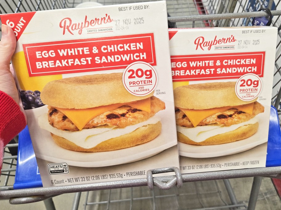 two boxes of Raybern's Breakfast Sandwiches in shopping cart