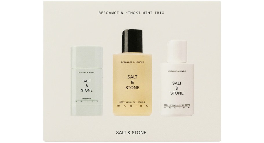 boxed SALT & STONE mini deodorant, body wash, and lotion set