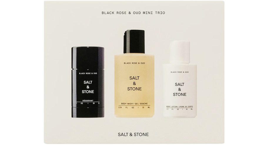 boxed SALT & STONE mini deodorant, body wash, and lotion set