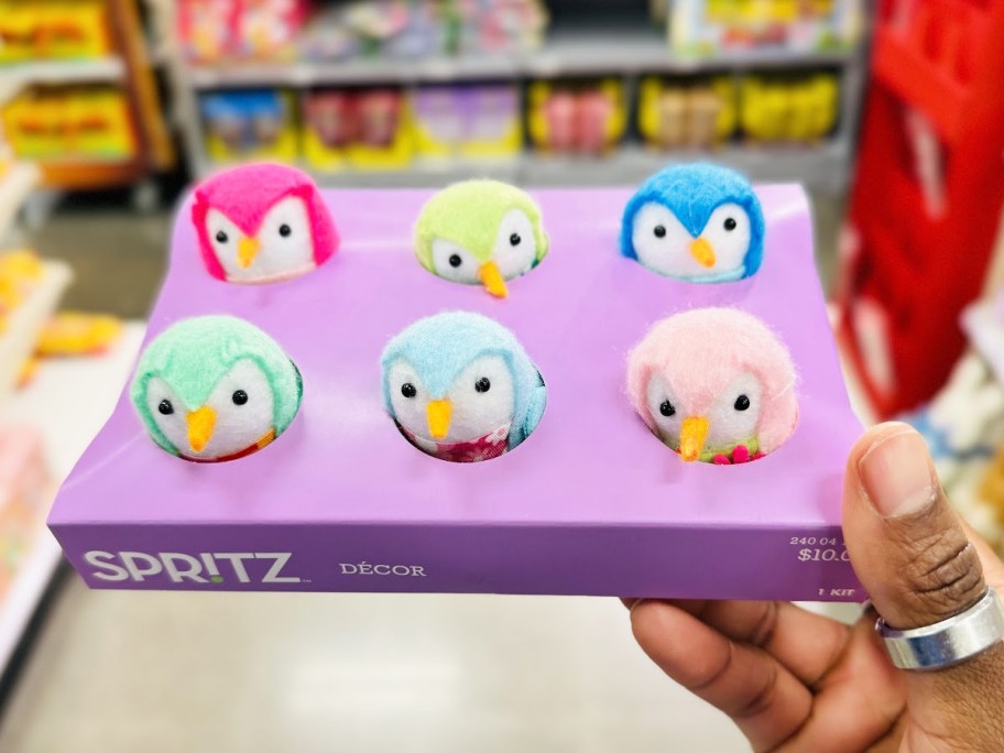 hand holding up a 6-pack of mini felt birds