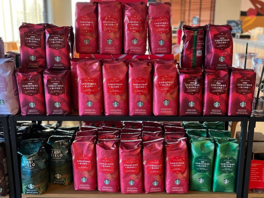 Bags of seasonal whole bean coffee at Starbucks