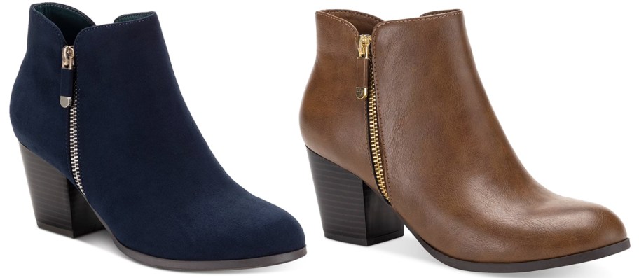 navy blue and brown heeled booties
