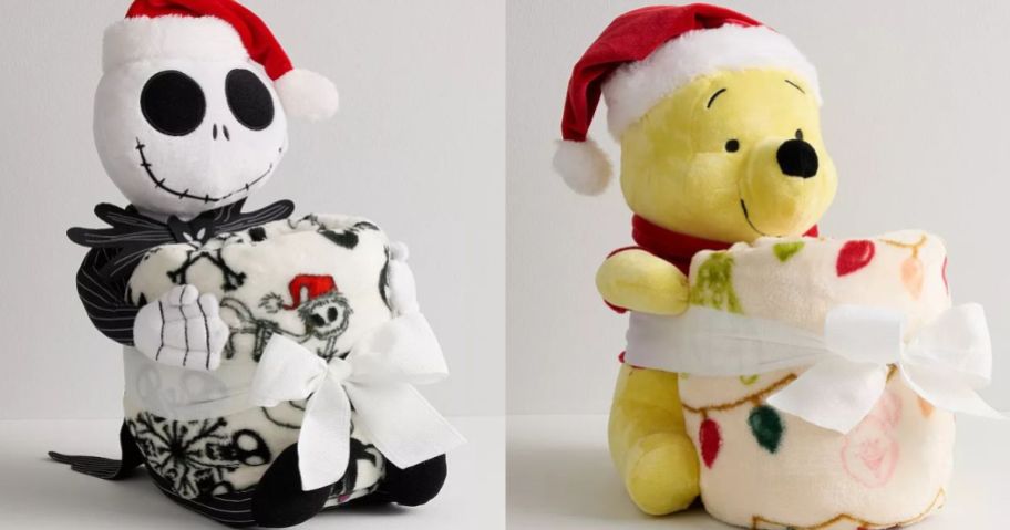 Stock images of two The Big One Pilow & Buddy Sets of Jack Skellington and Winnie the Pooh with santa hats on