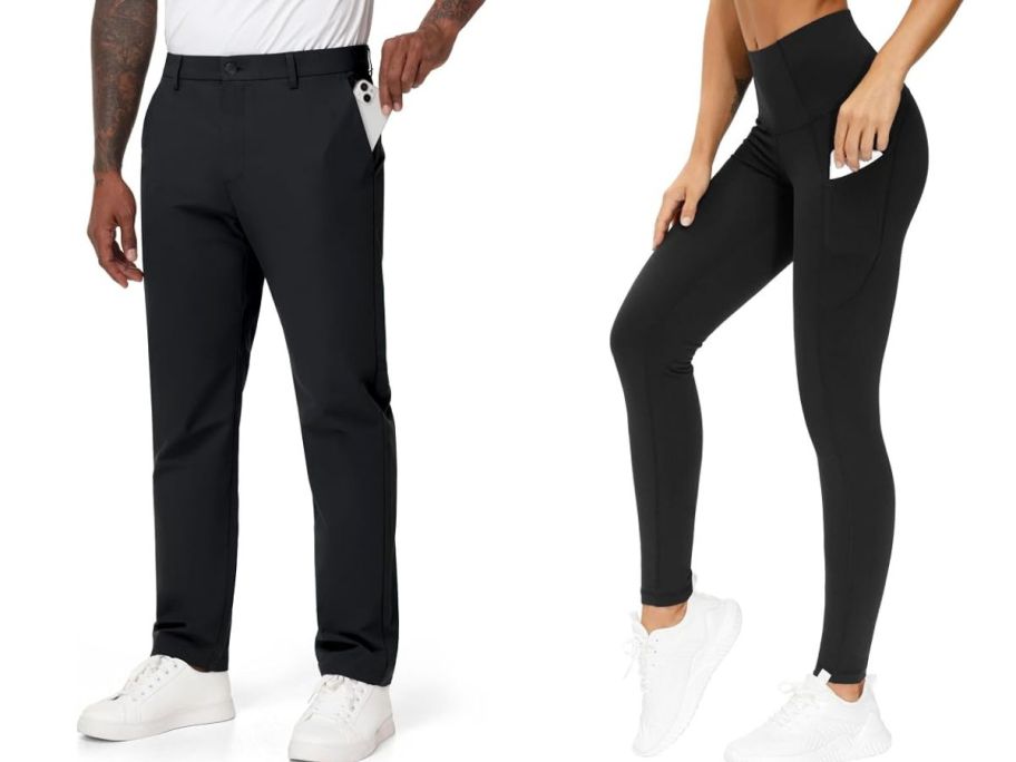 Stock images of a man and a woman wearing The Gym People pants and Leggings