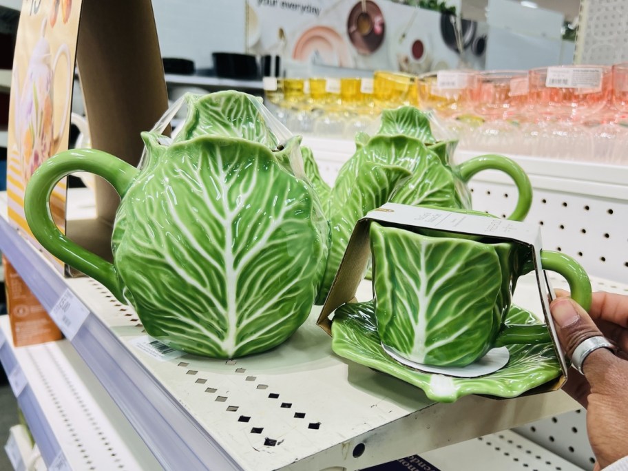 threshold cabbage tea pot and tea mug with saucer in store