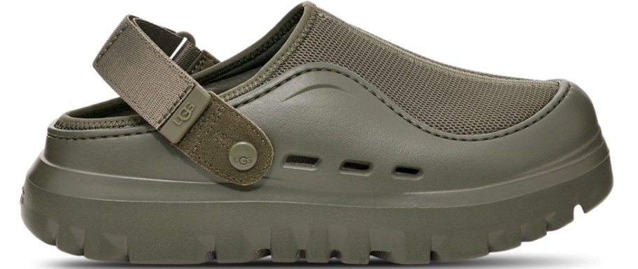 an olive colored mens clog shoe
