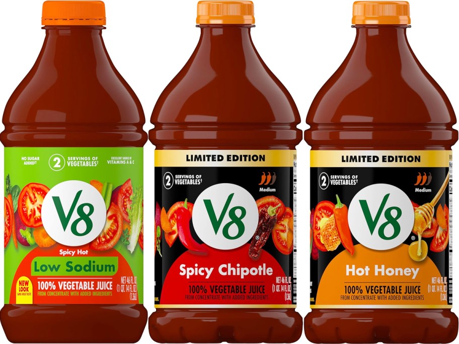three bottles of V8 juice