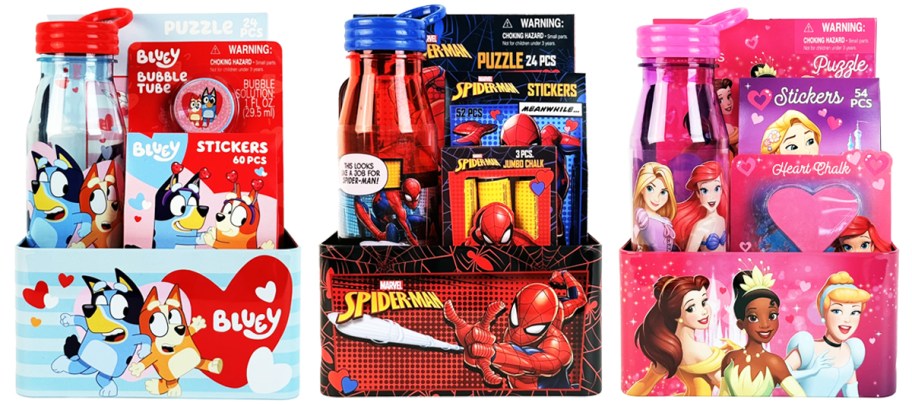 bluey, spiderman, and disney princess valentine gifft sets