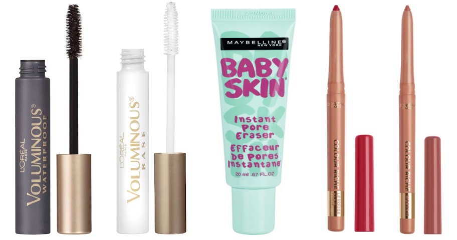 two tubes of mascara, pore primer and two sticks of lip liner