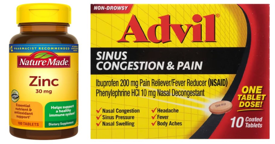 bottle of zinc tablets and package of sinus congestion tablets