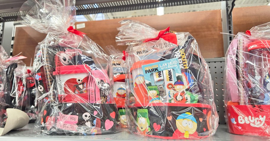 Walmart Valentine Baskets wrapped in plastic on a shelf