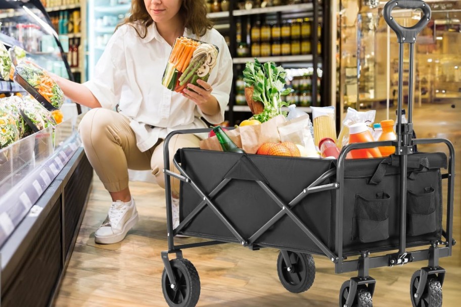 Woman using collapsible wagon in black at a grocery store