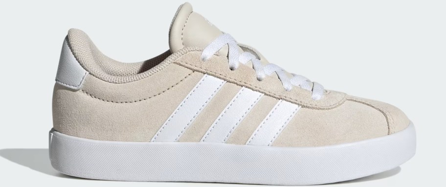 taupe suede sneaker with white stripes