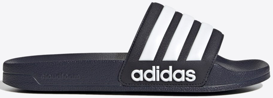 black adidas slide with 3 white stripes