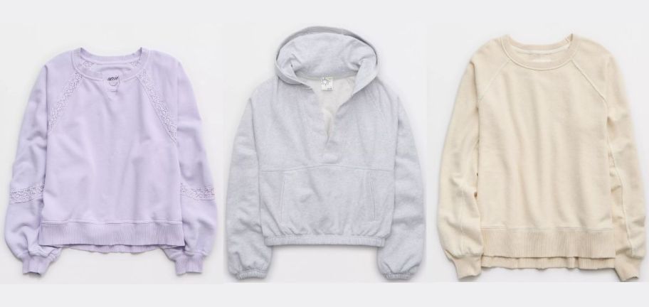 three aerie sweat shirts in various styles